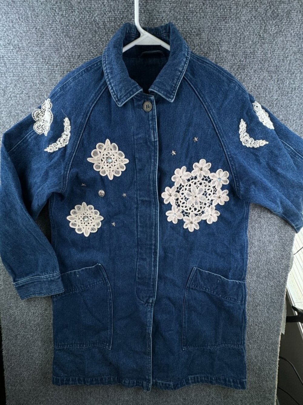Eddie Bauer Women Blue Denim Coat Chore Farmhouse Custom Medium Floral Long